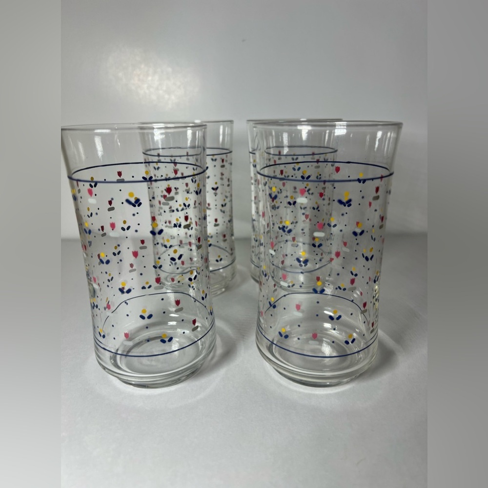 Lot of 4 VTG Sango Country Borders 12oz Glass Tumblers Mini Tulips Dots - Picture 3 of 10